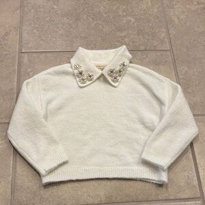 Copper Key Cream Sweater with Pearl Embellished Collar